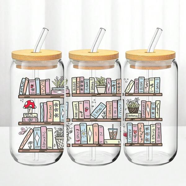 1 Stück 16oz Glastasse mit Cartoon Buch Muster, im Ins-Stil, süß und interessant, geeignet für Büro, Outdoor, Zuhause, Studium und andere Szenen, kann für Kaffee, Saft, Getränke usw. verwendet werden, vielseitig einsetzbar, Holzdeckel, gesund mit Strohhalm und Tassenbürste, einfach zu benutzen und zu reinigen.