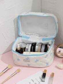 1 Stück weiße gesteppte karierte Kosmetiktasche, blaues Schleifenmuster, girly Herz Design, multifunktionale Kosmetik Aufbewahrungstasche, tragbare Kosmetikpinsel Clutch Tasche mit Reißverschluss, geeignet für Lippenstift, Pinsel, Hautpflege, Aufbewahrungsbox, für Urlaub, Strand, Badezimmer, Schlafzimmer, großes Fassungsvermögen