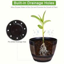 1 pieza Maceta de estilo vintage de barril de whisky con bandeja - 1 base + 1 maceta, maceta de plástico a rayas con agujeros de drenaje, adecuada para uso en interiores y exteriores, ideal para cultivar hierbas, flores frescas, suculentas - Maceta de jardín redonda
