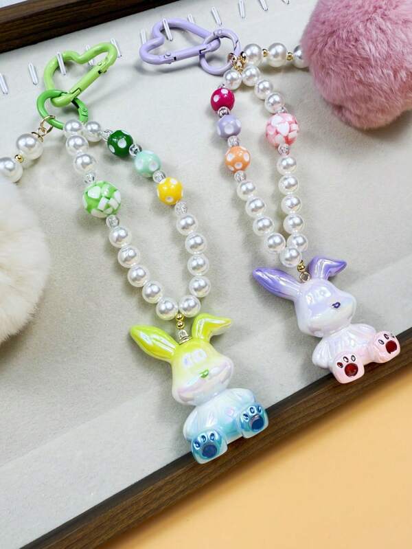 Creative DIY Cute Fresh Furry Pompom & Pearl Beaded Candy Color Rabbit Keychain Bag Pendant