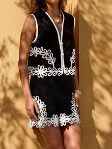 PoPoHouse Women's Summer Bohemian Chic Fake Sleeveless Embroidery Vest Vest Shorts Set