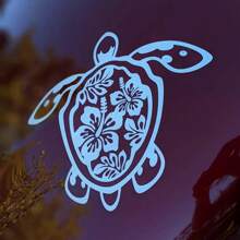 Sea Turtle Hibiscus Flower Car Sticker, Vinyl Die-Cut Floral Turtle Decal For Car Truck Window Laptop, Cute Car Decor Accessories