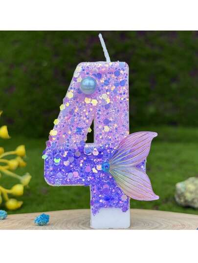 1 pieza Vela con número de sirena morada, Velas con números del 0 al 9 con brillo morado y cola de sirena, Adecuado para decoración de pastel con tema de sirena, Velas de cumpleaños, Hecho a mano DIY, La colocación puede variar
