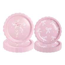 10 件/20 件/40 件，粉色和白色蝴蝶结 7 英寸盘子和 9 英寸盘子餐具套装，适用于舞会生日装饰，粉色和白色生日派对用品，蝴蝶结生日装饰 - 粉色 - 查看 8