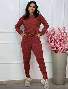 Long Sleeve Cropped Set With Woolen Trousers Winter 2025 - Burgundy - View 1