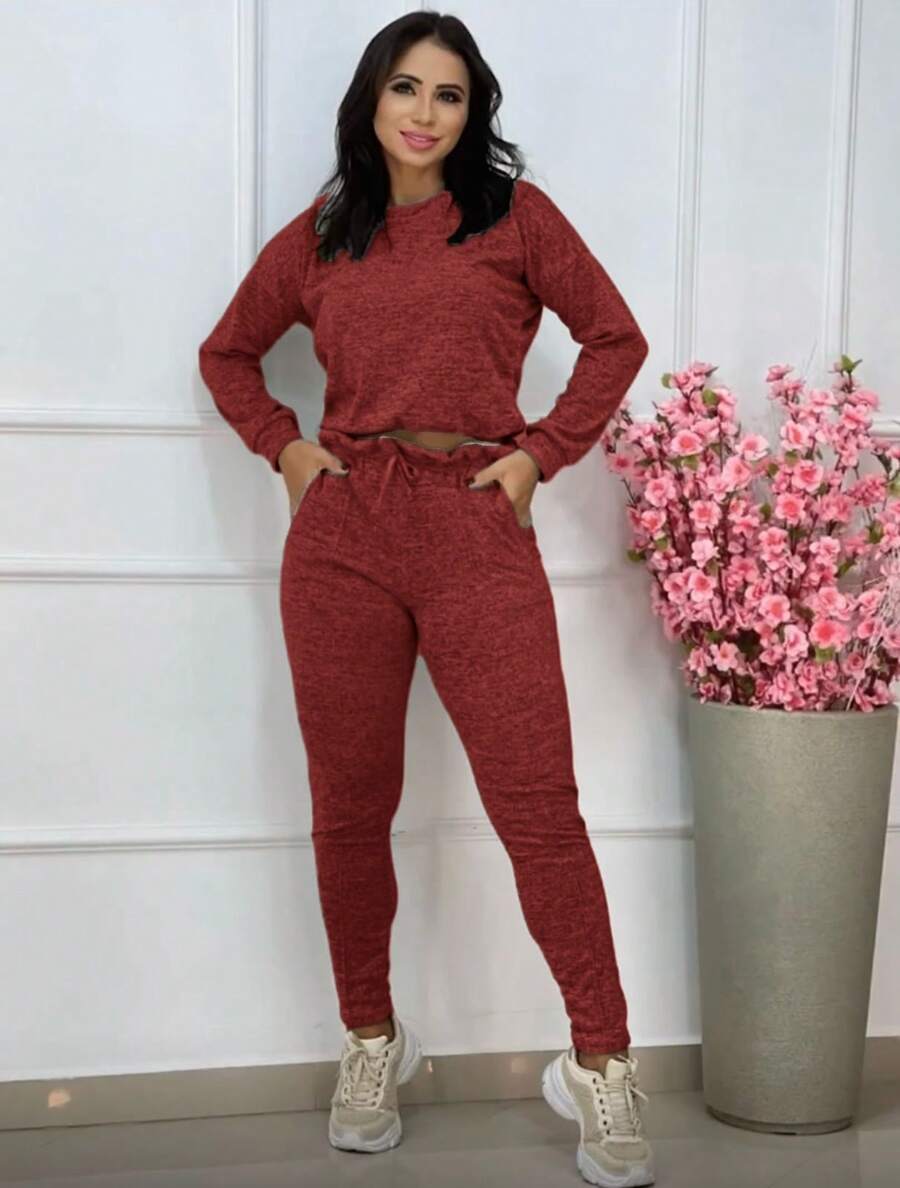 Long Sleeve Cropped Set With Woolen Trousers Winter 2025 - Burgundy - View 1
