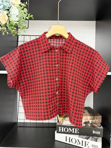 ELLIE Casual Striped Print Loose Cropped Shirt - 紅黑格子 - 查看 1