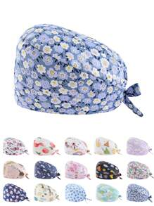 1 pieza Gorro de enfermera con estampado digital de flores, animales y corazones sobre fondo rosado, de mezcla de algodón. Adecuado para médicos, enfermeras, salones de belleza, hospitales veterinarios y profesionales de limpieza. Anti-bacterial y anti-polvo