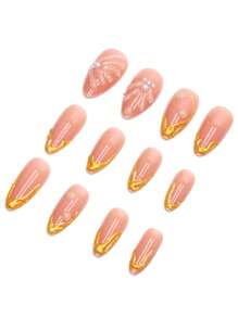 24pcs Almond Shaped False Nails With Gold Stripes, French Tips, Mermaid Shell Patterns, Pure White Pearl, White Diamond And Handmade Resin, Presenting 3D Effect For Luxurious Look, Comes With Jelly Gel And File