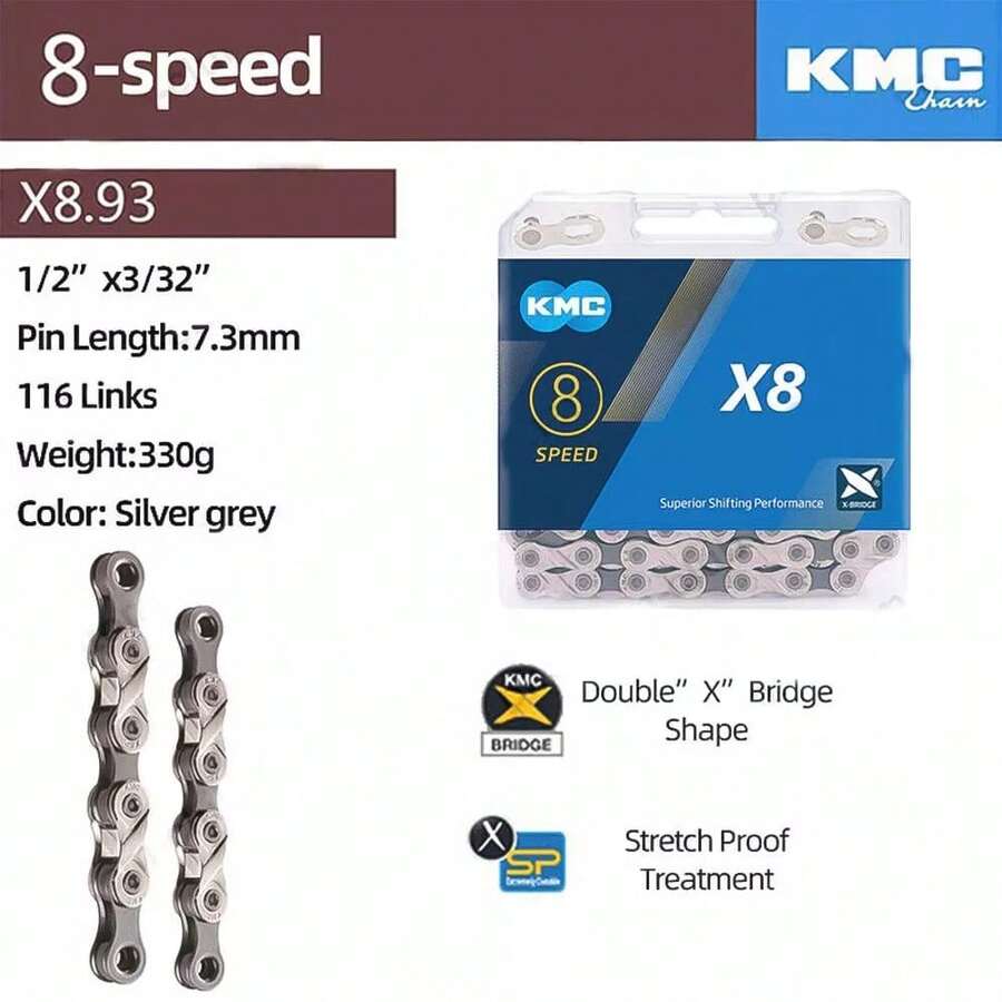 NetHong KMC 8/9/10 Speed Chain X8/X9/X10 Silver 116 Link Stretch-Proof MTB Bicycle Road Univesal~ - Silver - View 1