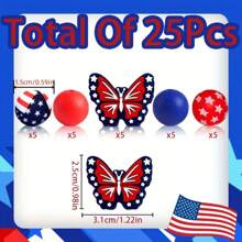 Set de 25 cuentas redondas y mariposas, en diversos estilos DIY, set de cuentas de silicona con diseño de mariposas y estilo del Día de la Independencia de Estados Unidos, adecuado para hacer pulseras, collares, colgantes y otros adornos decorativos creativos. Cuentas de silicona, cuentas redondas, mariposas, pequeños regalos DIY.