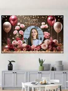 1pc Personalized Birthday Banner With Customizable Photo, Gold And Pink Floral Design, Entrance And Room Celebration Decorations, Ideal Gift For Family, Friends, Girlfriends, Holiday Decorations|Holiday Spirit|Polyester Banner, Perfect Teenager Gift, Durable, Suitable For Parties, Photo Booth Props And Celebrations, Home Decor, No Electricity Needed, Reusable, Three Sizes To Choose From Back To School