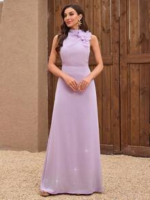 Women's Stand Collar Sleeveless Handmade 3D Flower Elegant Solid Color Rhinestone Hem Dress, Formal, Party Dress, Gown, For Evening, Wedding Guest