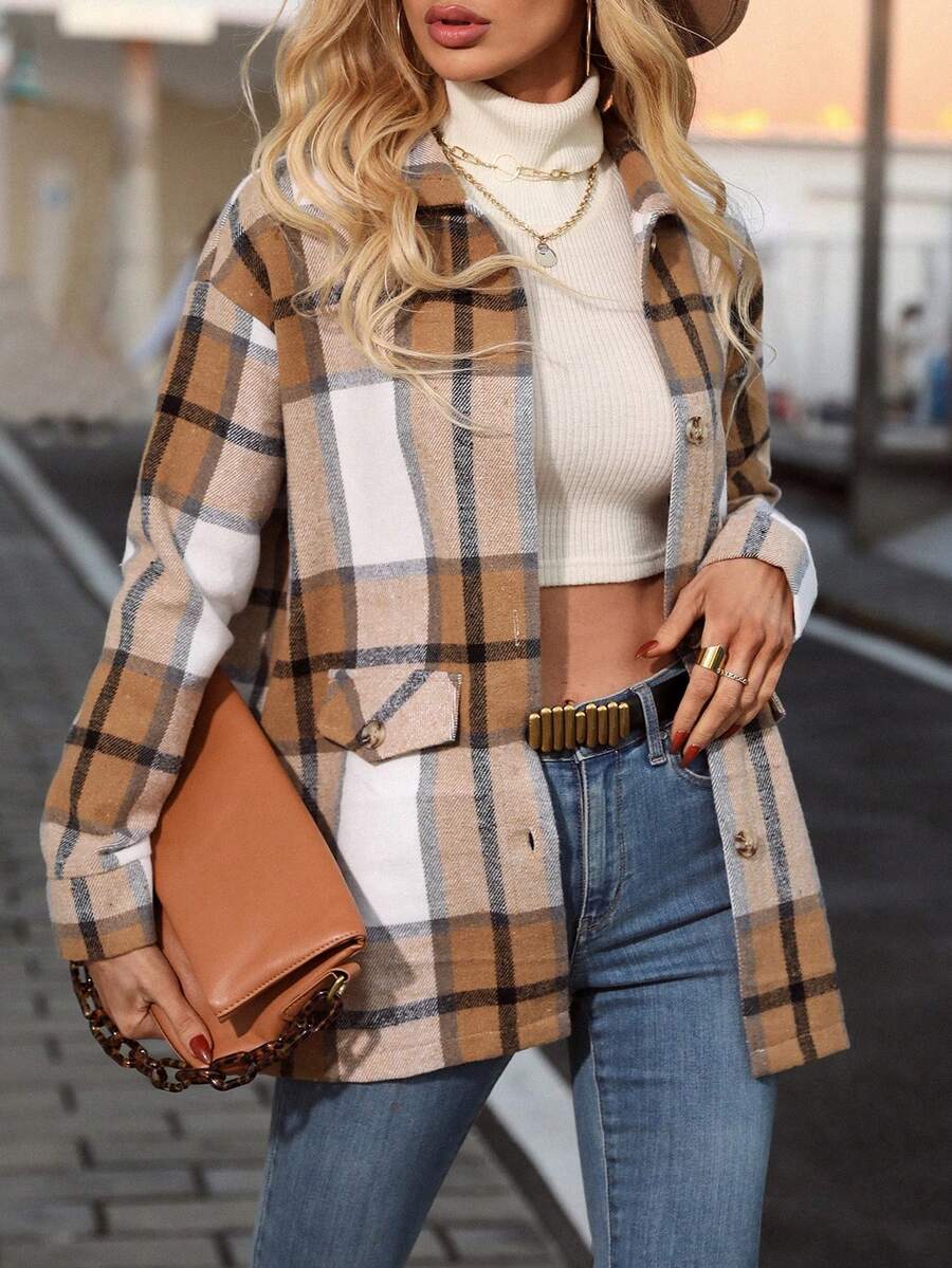 Abrigo De Cuadros De Hombros Caídos Para Mujer,Cuadros Ropa De Exterior Para Mujer,Chamarras Para Mujer,Abrigos Mujer - Marrón claro - Ver 1