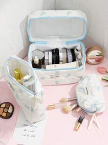 1 Stück weiße gesteppte karierte Kosmetiktasche, blaues Schleifenmuster, girly Herz Design, multifunktionale Kosmetik Aufbewahrungstasche, tragbare Kosmetikpinsel Clutch Tasche mit Reißverschluss, geeignet für Lippenstift, Pinsel, Hautpflege, Aufbewahrungsbox, für Urlaub, Strand, Badezimmer, Schlafzimmer, großes Fassungsvermögen