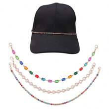 1pc Bling Crystal & Pearl PU Rope Metal Chain Hat Strap Charm, Fashionable Versatile Hat Accessories