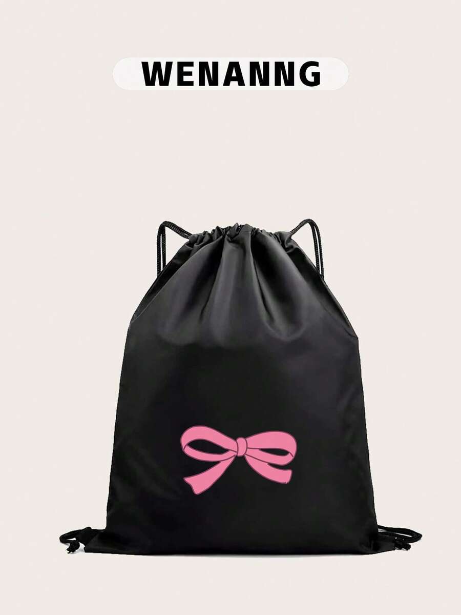 Women's Bow Print Drawstring Pocket Waterproof Backpack - Black - View 1