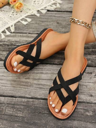 Damen Große Größen Boho Sommer Flache Sandalen, Lässig atmungsaktive leichte Strandurlaubs-Hausschuhe