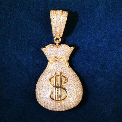 Local Warehouse- Micro-Set Sparkling American Golden Money Bag  Hip Hop New Pendant Free Twist Chain Men's Hipster Pendant Birthday Gift Holiday Gift