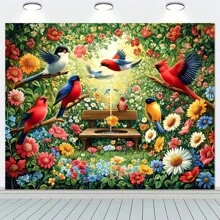 1 pieza de decoración de pared de escena vibrante del bosque de primavera, hecha de fibra de poliéster, sin necesidad de electricidad, con pájaros coloridos y flores en floración, perfecta para el ambiente familiar y de fiesta