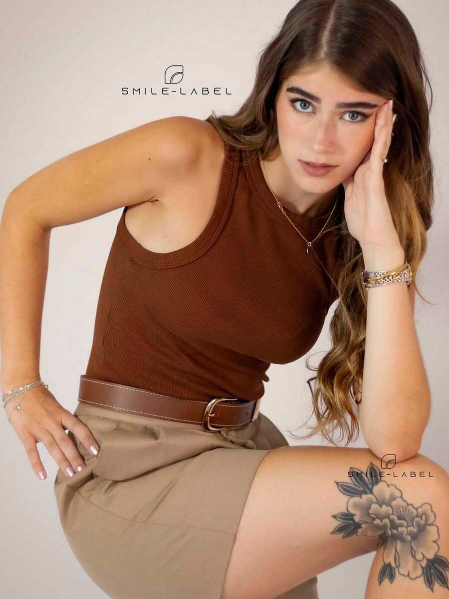 Women's Basic Striped Bicolor Ribana Tank Top - Coffee Brown - View 1