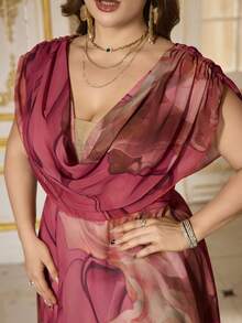 SUPGIR Plus Size Cowl Neck Watercolor Print Chiffon Flowy Party Evening Dress, Formal, Gown, For Wedding Guest - Màu đỏ tím - Xem 4