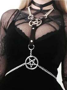 1 Piece Adjustable Women's Star Chain Suspenders, Punk Style PU Leather Belt, Perfect For Fetish Costumes Sexy Lingerie Accessories, Silver Pentagram Decorated Gothic, Women's Body Harness & Neck Binding Lingerie Unique Wearable Experience For Halloween Party Builds!