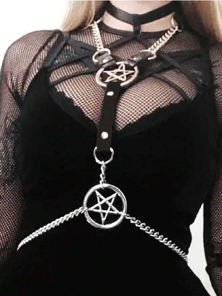 1 Piece Adjustable Women's Star Chain Suspenders, Punk Style PU Leather Belt, Perfect For Fetish Costumes Sexy Lingerie Accessories, Silver Pentagram Decorated Gothic, Women's Body Harness & Neck Binding Lingerie Unique Wearable Experience For Halloween Party Builds!