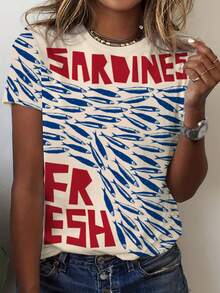 Women's Casual Loose Ocean Fish Element Print Round Neck Short Sleeve T-Shirt - Multicolor - View 1