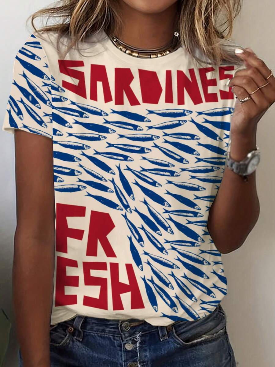 Women's Casual Loose Ocean Fish Element Print Round Neck Short Sleeve T-Shirt - Multicolor - View 1