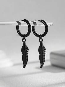 1 Pair Stainless Steel Feather Pendant Hoop Earrings For Men, Fashionable & Versatile - Feather - View 7