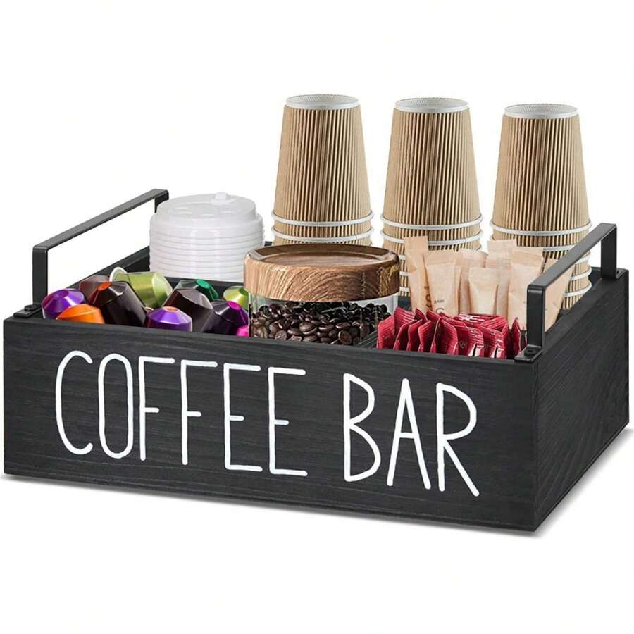 Coffee Bar Accessories Organizer, Countertop, Tea And Coffee Storage, Wooden Coffee Bar Accessories For Countertop | Farmhouse Style Storage Kit, Accessories Organizer For Perfectly Organized Coffee Bar Cups, Coffee Beans, Sugar And More - 黑色 - 查看 1