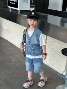 2pcs/Set Toddler Boys' Denim Vest And Shorts Set, Summer