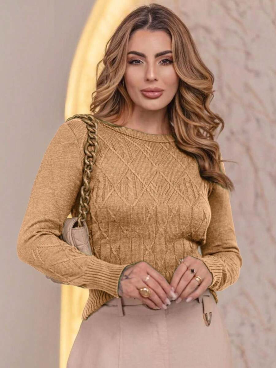 Women's Basic Knitted Blouse Long Sleeve Delicate Winter Fashion Simple Casual Knitted Knitwear Cable Stitch - 裸體 - 查看 1