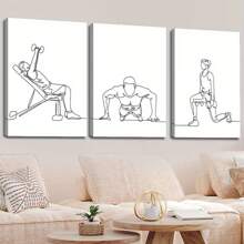 3 piezas Cuadros decorativos impresos en lienzo con marco de madera, frases de fitness en la pared, figuras de fitness de arte lineal, decoración de pared interior del hogar