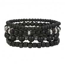 4pcs/Set Punk Rock Map Volcano Stone Beaded Elastic Bracelet Set, Versatile Design For Daily Wear, Suitable For Men - Gun Black - View 2