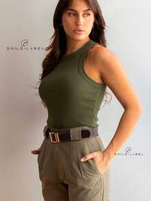 Women's Basic Striped Bicolor Ribana Tank Top - Dark Green - View 2