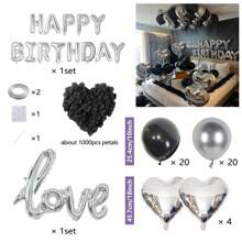 MZYI.LINGER 1050/21/200pcs Black & Silver Party Balloons Decorations, Silver Happy Birthday Banner, Chrome Silver Latex Balloons, Silver Heart Shaped Foil Balloons, 1000pcs Black Rose Petals, Suitable For Birthday Party, Birthday Decoration, Anniversary, Home Decor (18th/19th/20th/21st/25th/30th Birthday)