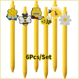 6pcs Bee Themed Ballpoint Pens Set, 0.5mm Black Ink Bee Pens, Suitable For Party Favors, School & Office Supplies