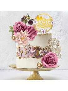 12 Stück Blumen Kuchendeko Boho Kuchendeko-Set Rosa und Lila Palmenblätter Kuchendekorationen und Schmetterling Kuchendekoration mit künstlichen Rosen für Hochzeit, Geburtstag, Boho Blumen Mottoparty, Weihnachten