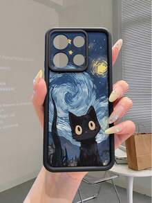 1 件星空黑猫设计喷砂防摔相机保护手机壳适用于 Apple 16/16e、Redmi、Infinix、Vivo 梵高风格防水防震防刮