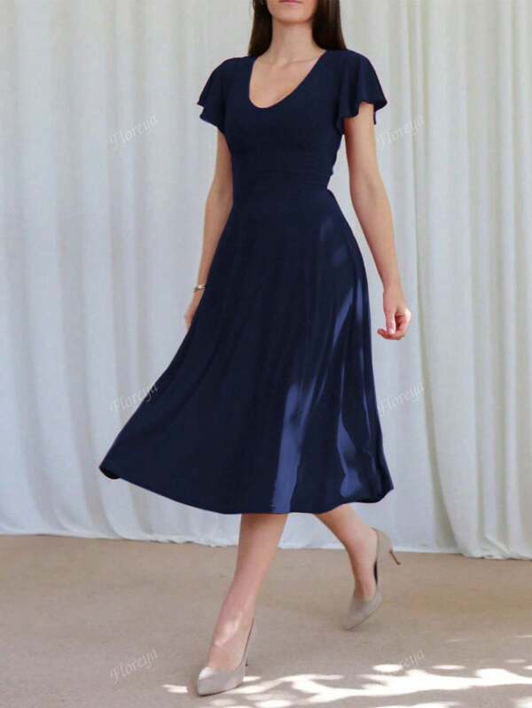 Floreya Summer Solid Color Elegant High-End Casual Knit Fabric Tie-Waist Dress, Slim Fit Office French Style Midi Dress