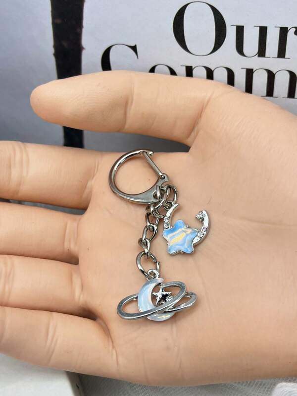 1pc Ocean Blue Stars And Moon Alloy Keychain, Bag Decoration, Detachable For Pendant, One-Of-A-Kind Gift