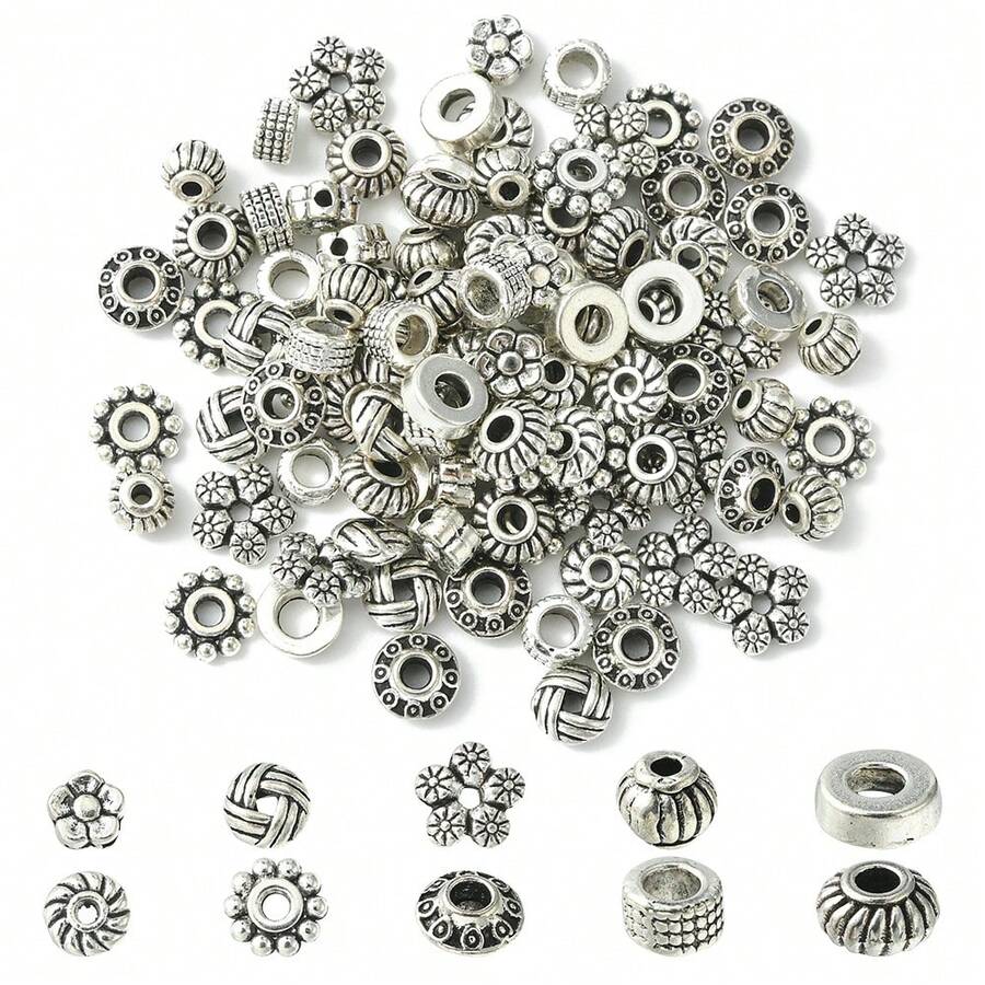 100pcs Retro Spacer Beads For DIY Jewelry Making, Suitable For Bracelet Necklace Accessories - Ancient Silver - View 1