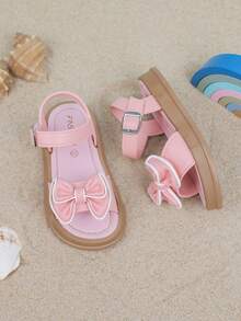 1 par de sandalias planas de unicolor para niñas con diseño de lazo y cierre de , adecuadas para el verano - Rosa - Ver 7