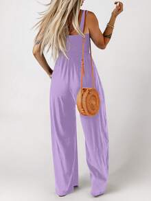 Acelitt Bộ jumpsuit nữ màu trơn cổ vuông xếp ly phối túi dáng rộng ống rộng không tay, thích hợp cho kỳ nghỉ hè, kiểu dáng thanh lịch. - Màu tím hoa cà - Xem 3