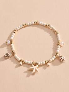 1pc Fashion Ocean Style Starfish Shell Turquoise Braided Elastic Anklet, Suitable For Women Vacation Outfits, Parties And Gatherings - Multicolor - View 3