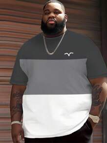 Plus Size Men's Tri-Color Patchwork Casual T-Shirt, Minimalist Bird Emblem Design Breathable Loose Fit Short Sleeve Tee