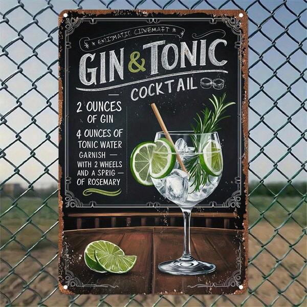 Room Decor 1pc Vintage Style Aluminum Sign, "Gin & Tonic Cocktail Recipe" 2D Wall Art Decor, Ideal Gift, Retro Poster Plaque For Home, Bedroom, Kitchen, Game Room, Balcony, Garden, Porch, Bar, Restaurant, Cafe, Club, Gym, Bathroom, Leisure Area, Office, Garage - Durable Metal Wall Hanging