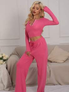 2pcs Set Women Solid Color Quarter Button Long Sleeve Top And Long Pants, Spring/Summer/Autumn/Winter, Lounge Outfit - Pink - View 6